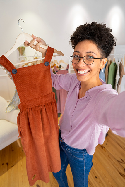 Adhérente Up Fil Good et sa robe créée à partir de tissus upcyclés