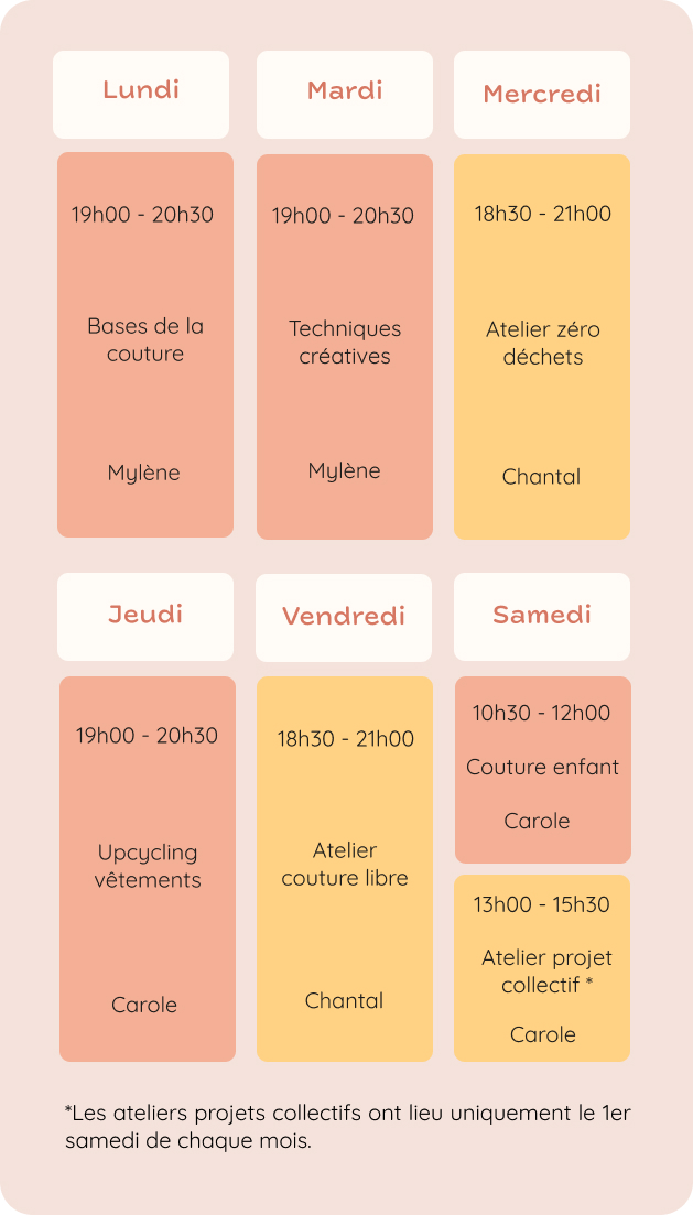 Planning hebdomadaire des cours et ateliers Up Fil Good